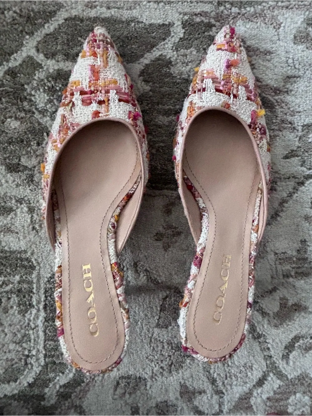 Coach Renn Tweed Kitten Heel Pointed Toe Mules in Pink and Yellow Size 8